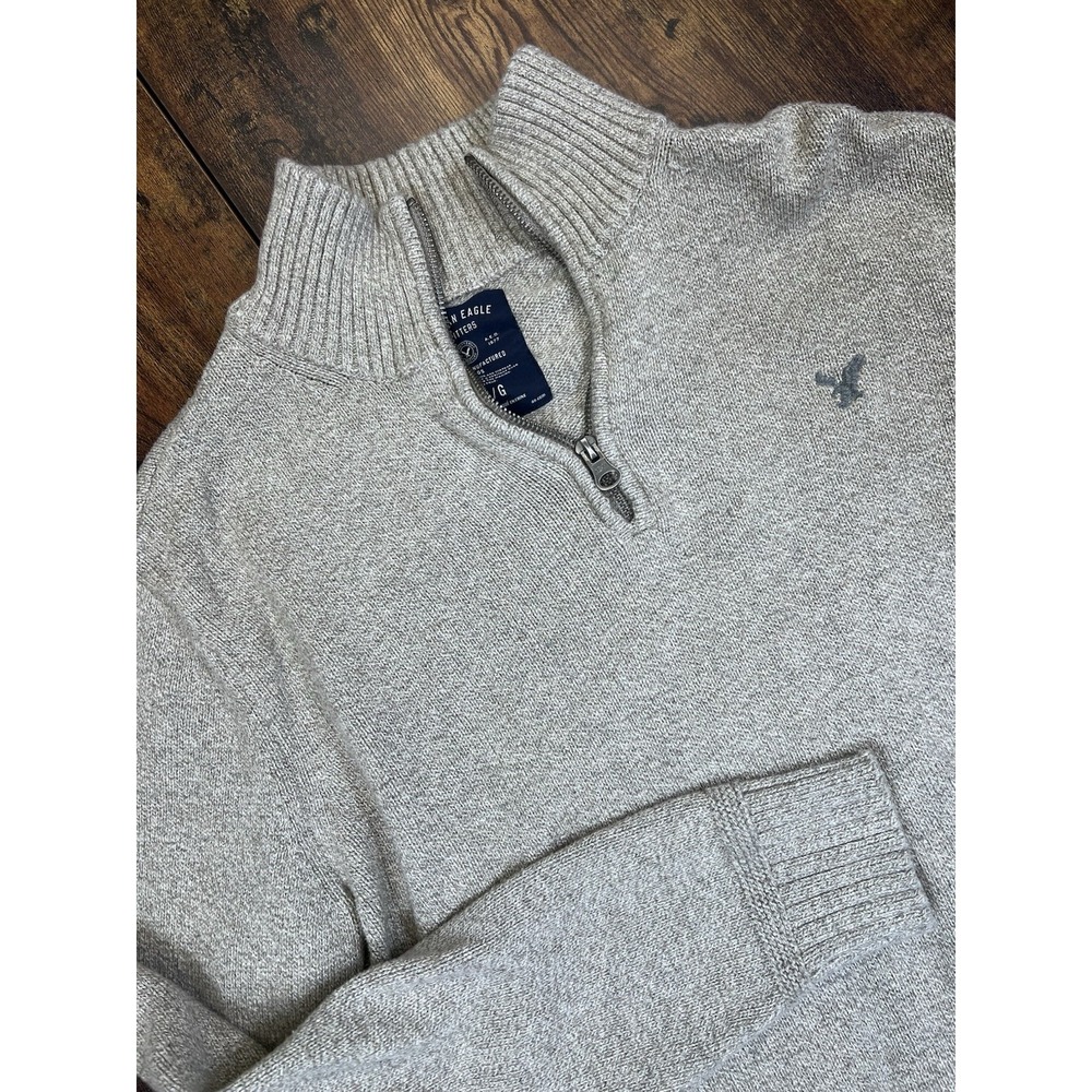 American Eagle Men's 1/4 Zip Sweater Tan Large Athletic Fit Knit Pullover